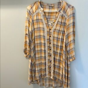 Entro Yellow and Blue Plaid Blouse with Lace Trim